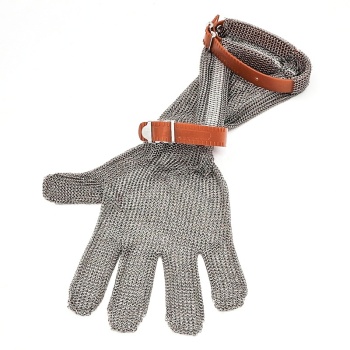 Перчатка кольчужная пятипалая 20см - размер XL - с оранжевым пластиковым манжетом