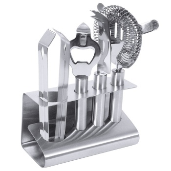 Набор бармена из нерж.стали - стрейнер, нож для бара, открывалка для бутылок, щипцы для льда -  на подставке Contacto
