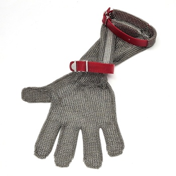 Перчатка кольчужная пятипалая 20см - размер М - с красным пластиковым манжетом