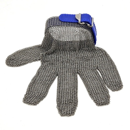 Перчатка кольчужная пятипалая - размер L - с синим пластиковым манжетом