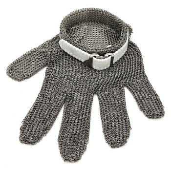 Перчатка кольчужная пятипалая - размер S - с белым пластиковым манжетом