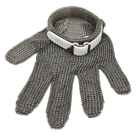 Перчатка кольчужная пятипалая - размер S - с белым пластиковым манжетом