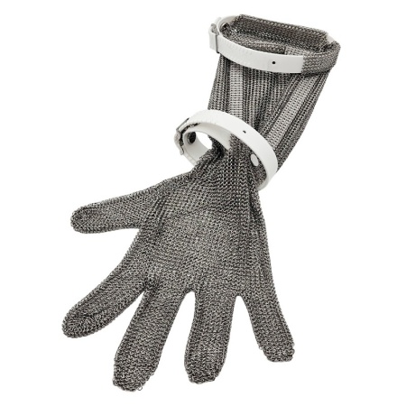 Перчатка кольчужная пятипалая 20см - размер S - с белым пластиковым манжетом