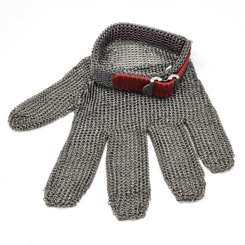 Перчатка кольчужная пятипалая - размер М - с красным пластиковым манжетом