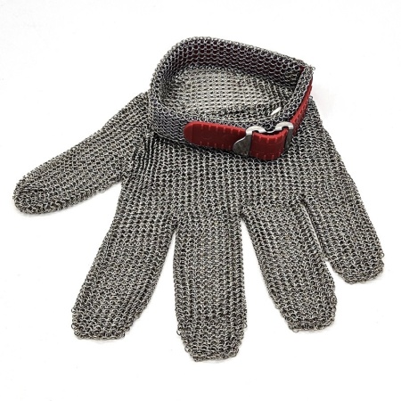 Перчатка кольчужная пятипалая - размер М - с красным пластиковым манжетом