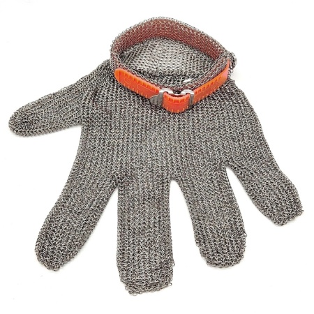 Перчатка кольчужная пятипалая - размер XL - с оранжевым пластиковым манжетом