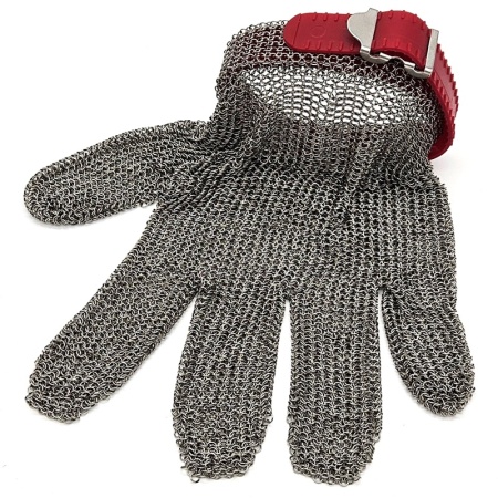 Перчатка кольчужная пятипалая - размер М - с красным пластиковым манжетом