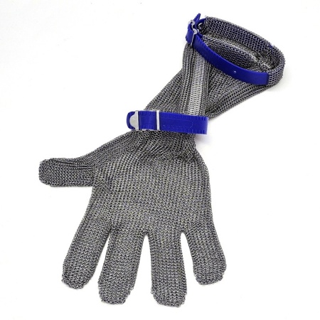 Перчатка кольчужная пятипалая 20см - размер L - с синим пластиковым манжетом
