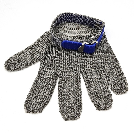 Перчатка кольчужная пятипалая - размер L - с синим пластиковым манжетом